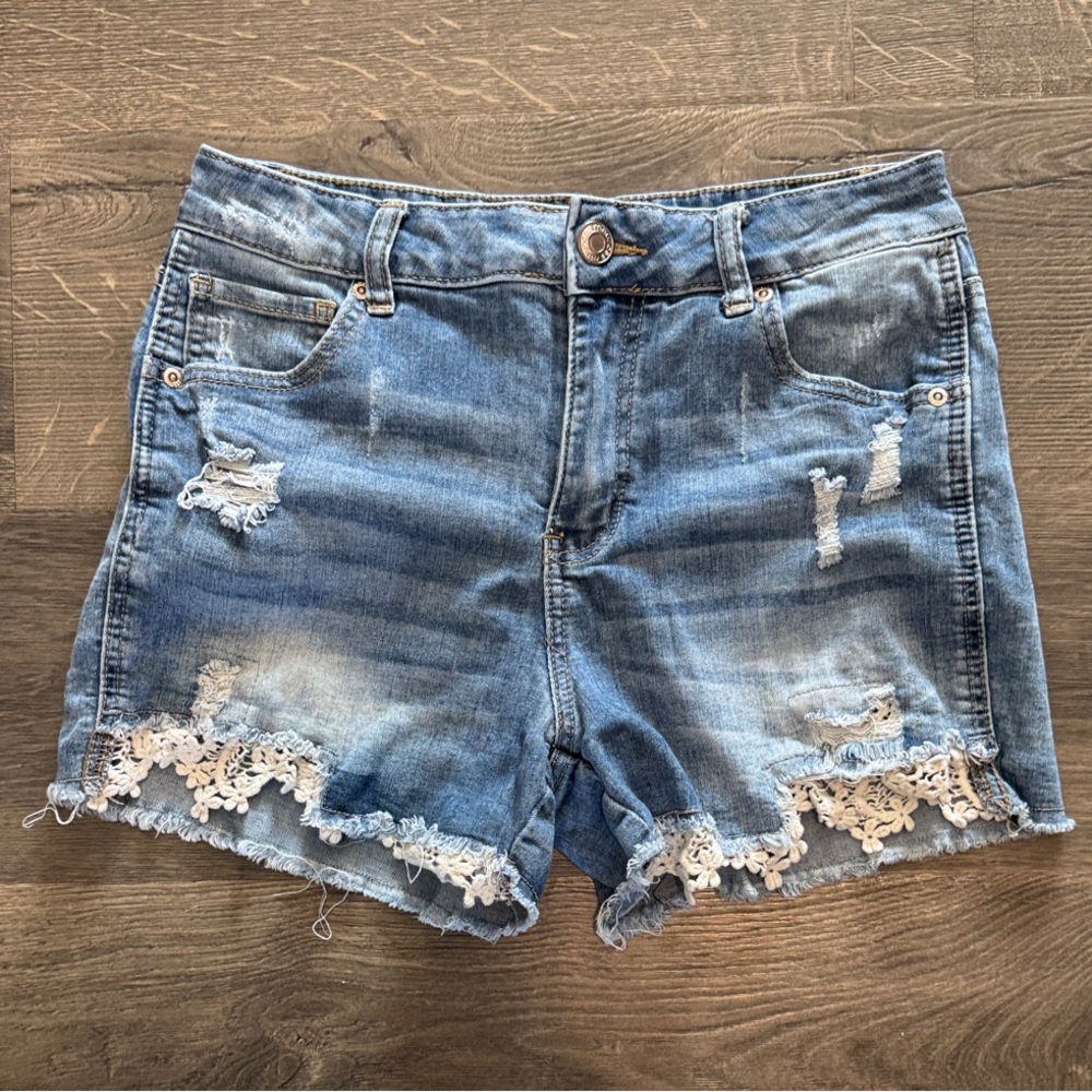 Maurices Blue Distressed Denim Shorts with White Lace Hem